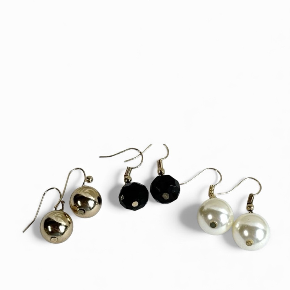 Gold Tone Faux Pearl Black Bead Dangle Earrings Lot